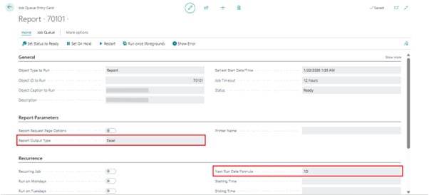 A screenshot of the 'Job Queue Entry Card' in Microsoft Dynamics 365 Business Central. Red rectangular boxes highlight two critical automation settings, indicating a daily automated recurrence schedule.
