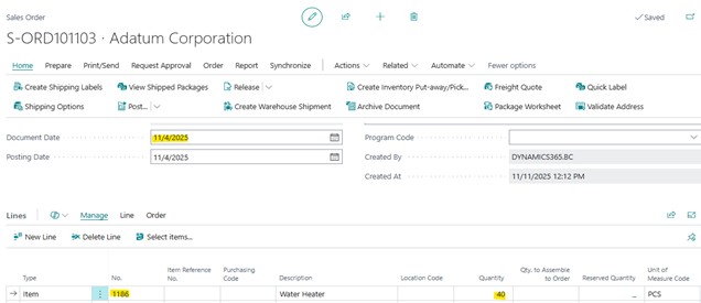 A sample screenshot of sales order under lot-for-lot reordering policy in Business Central.