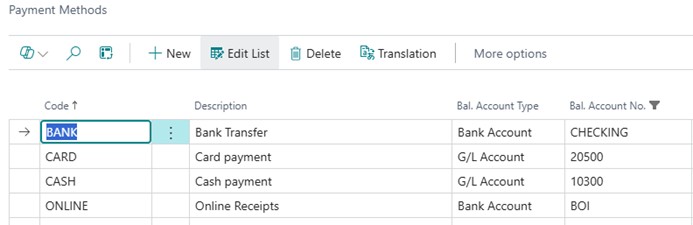 A sample screenshot of a Payment Methods list in a business central system, showing payment code entries along with their Balance Account Type and Number.