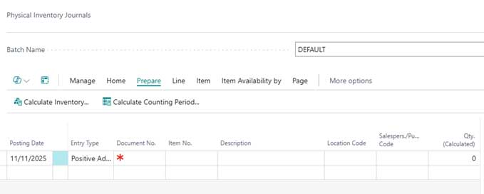 A screenshot of the Physical Inventory Journals page in Microsoft Dynamics 365 Business Central. The interface shows the DEFAULT batch name and an active Prepare menu tab.
