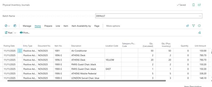A screenshot of the Physical Inventory Journals page showing a list of populated inventory lines. This view represents the system's expected stock levels before manual counts are entered and posted.