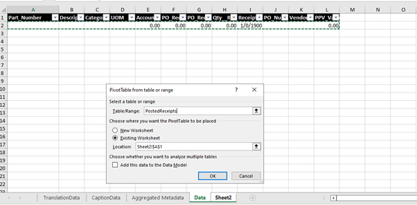 A screenshot of the same Excel spreadsheet with the 'PivotTable from table or range' dialog box open. The Table/Range field is populated with 'PostedReceipts', which matches the dataitem name from the AL code.