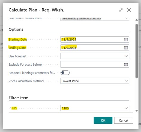A sample screenshot of planning screen under lot-for-lot reordering policy in Business Central.