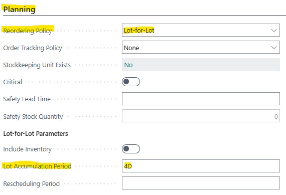 A sample screenshot of planning stocks under lot-for-lot reordering policy in Business Central.