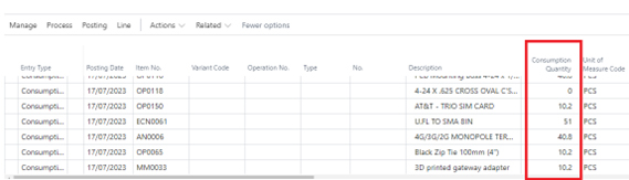 A screenshot showing the posted Consumption Quantity entries. A red box highlights total units (and other scrap-adjusted totals) have been recorded for the components.