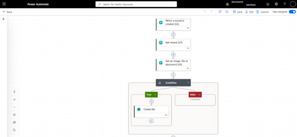A screenshot of a Power Automate flow designer. The logic includes: A trigger for 'When a record is created (V3)'. Actions to 'Get record (V3)' and 'Get an image, file or document (V3)'.