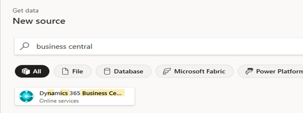 Power BI 'New source' search interface with 'business central' entered and the Dynamics 365 Business Central online service connector selected.