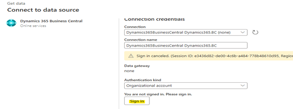 Power BI 'Connect to data source' screen for Dynamics 365 Business Central showing organizational account authentication and the sign-in prompt.