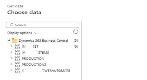 Power BI 'Choose data' navigation pane showing a connected Microsoft Dynamics 365 Business Central environment with folders for various production and test instances.