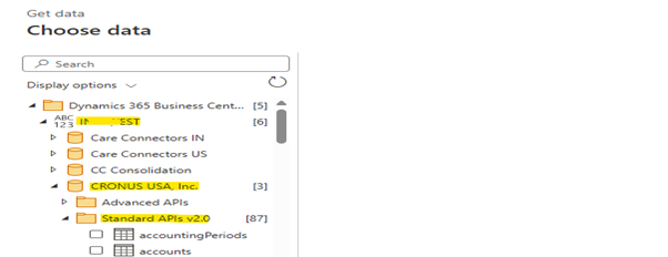 Navigation pane in Power BI showing the connection to Dynamics 365 Business Central environments, highlighting 'CRONUS USA, Inc.' and 'Standard APIs v2.0.'