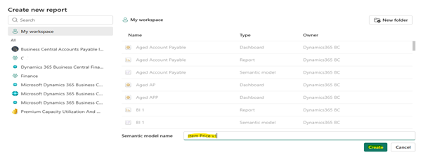 Create new report screen in Power BI workspace showing a semantic model named 'Item Price v1' linked to Dynamics 365 Business Central data.