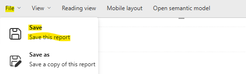 Close-up of the Power BI File menu highlighting the 'Save this report' option during the Business Central report creation process.