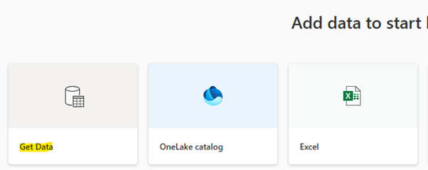 Power BI interface showing the initial 'Add data to start' screen with the 'Get Data' icon highlighted.