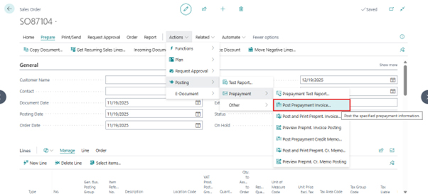 A screenshot of Sales Order SO87104 in Business Central. The navigation menu is open to Actions > Posting > Prepayment, with a red box highlighting the option Post Prepayment Invoice.