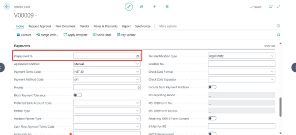 A screenshot of the Customer Card for customer C0000005, focusing on the Payments FastTab. A red box highlights the Prepayment % field, which is currently set to 0.