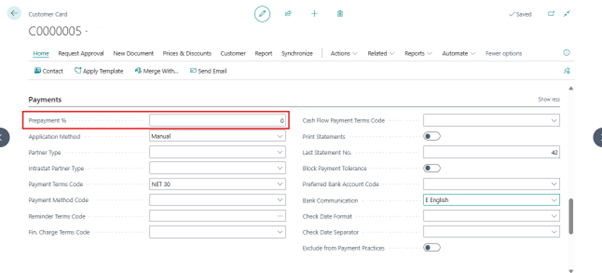 A screenshot of the General Posting Setup page in Business Central. Red boxes highlight the Sales Prepayments Account and Purch. Prepayments Account columns.