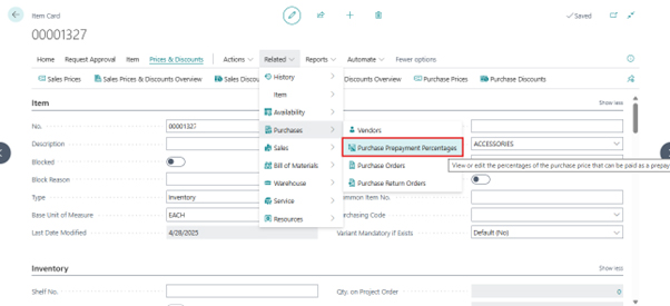 A screenshot of the Business Central Item Card for item 00001327, showing the navigation path to Purchase Prepayment Percentages through the Related > Purchases menu.