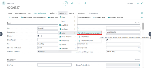 A screenshot of the Business Central Item Card for item 00001327, showing the navigation path to Sales Prepayment Percentages through the Related > Sales menu.