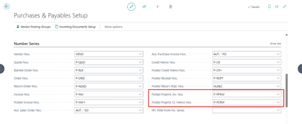 A screenshot of the Purchases & Payables Setup page in Business Central, showing the Number Series FastTab.