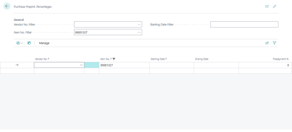 A screenshot of the Purchase Prepmt. Percentages page in Business Central, filtering by Item No. 00001327 and showing empty fields for Vendor No. and Prepayment %.
