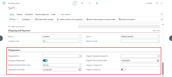 Prepayment Setup in Dynamics 365 Business Central