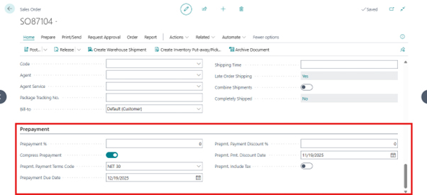 A screenshot of Sales Order SO87104 with  a red box highlighting the Prepayment FastTab, showing specific fields such as Prepayment %, Prepmt.