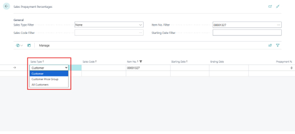 A screenshot of the 'Sales Prepayment Percentages' page in Business Central, showing a dropdown menu for 'Sales Type' with options: Customer, Customer Price Group, and All Customers.