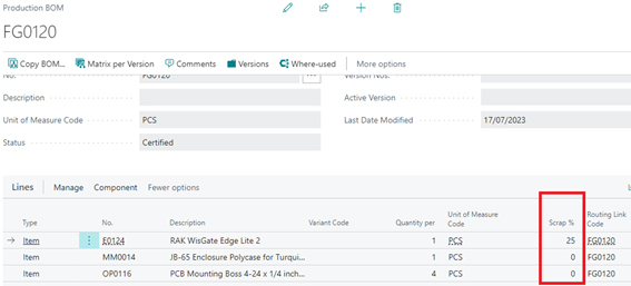 The Production BOM for FG0120. A red box highlights the Scrap % column on the lines, showing a specific scrap factor of 25% assigned to component E0124.
