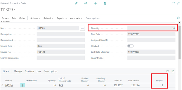 A screenshot of production order 111309 for item FG0120. Red boxes highlight the total Quantity of 10 and the carried-over Scrap % of 2 on the production line.