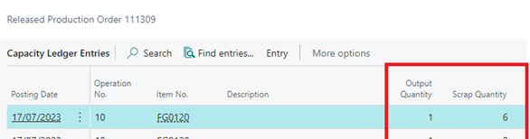 A screenshot of the Production Journal and Capacity Ledger showing a final Output Quantity of 10 with a Scrap Quantity of 6 recorded.