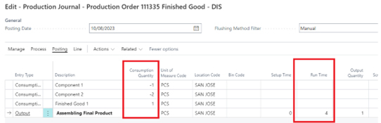 A screenshot of the 'Production Journal' for the final assembly. Red boxes highlight the Consumption Quantity for the individual components and the sub-assembly, as well as the Run Time of 4 for the final output operation.
