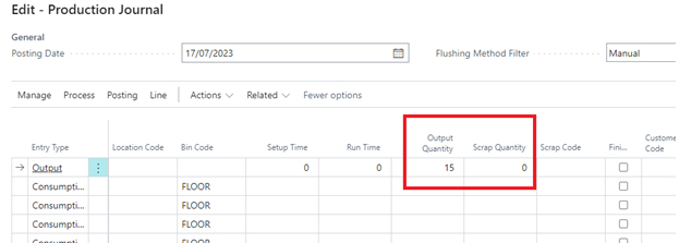 A screenshot of production journal in Business Central showing the output quantity as 15.