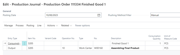 A screenshot of the Production Journal showing lines for Consumption of the item and Output at Work Center for Assembling Final Product.