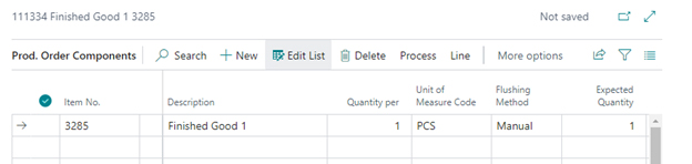 A screenshot of the 'Prod. Order Components' list for the released order. It verifies that the item 'Finished Good 1' is listed with an Expected Quantity of 1 and a 'Manual' flushing method.