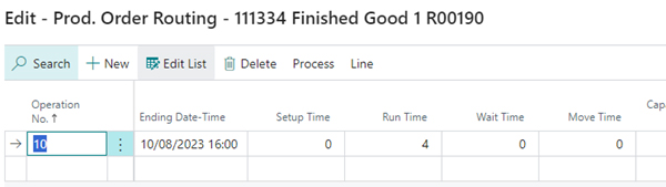 A screenshot of the 'Prod. Order Routing' for the released order. It shows Operation No. 10 with an ending date-time and a specified Run Time of 4.