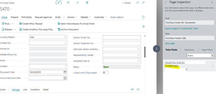 A sample screenshot of Business Central application displaying a Purchase Order form and a Page Inspection sidebar.