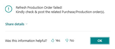 A sample screenshot of a production order error message box from Business Central application.