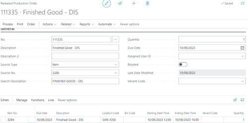 A screenshot of 'Released Production Order' for the item 'Finished Good - DIS'.
