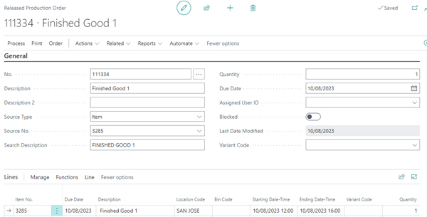 A screenshot of a 'Released Production Order' for 'Finished Good 1'. The interface displays critical production details.