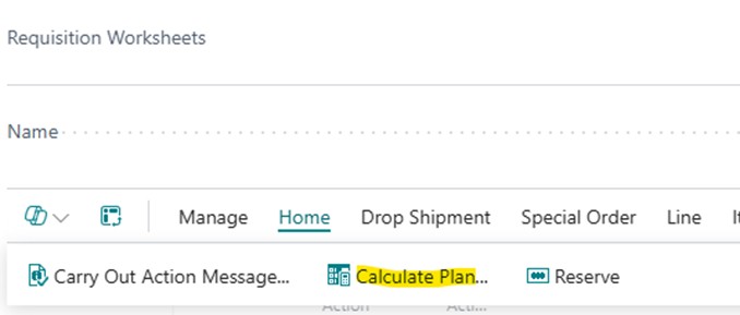 A sample Business Central screenshot of  requisition worksheets in demand forecasting dashboard.