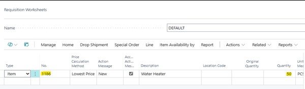A sample screenshot of fixed reorder quantity policy in Business Central containing pre-filled requisition worksheet.