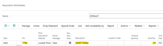 A sample screenshot of requisition worksheets under lot-for-lot reordering policy in Business Central.
