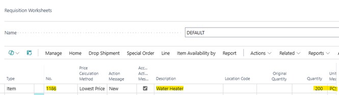 A sample screenshot of requisition worksheets under maximum quantity policy in Business Central.
