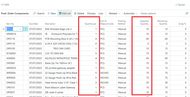 A screenshot of the Prod. Order Components list reflecting the 50% routing scrap factor, resulting in an Expected Quantity of 15 for several components on a 10-piece order.