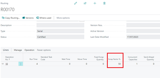 A screenshot of the Routing setup for R00170. A red box highlights the Scrap Factor % field on the routing line, which is set to 50.