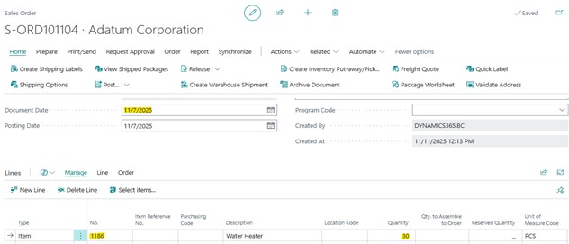 A sample screenshot of sales order dashboard under lot-for-lot reordering policy in Business Central.