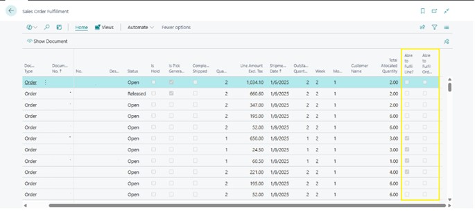 A sample screenshot of Sales Order Fulfilment in Business Central.