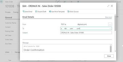 A screenshot of a 'Sales Order' record for 'The Cannon Group PLC'. Within the 'Print/Send' menu, a red rectangular box highlights the 'Email Confirmation...' action, used to trigger the delivery of the order via the configured SMTP account.