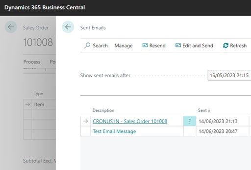 A screenshot of the 'Sent Emails' log within Business Central. It displays successfully sent items, confirming the SMTP integration is fully operational.