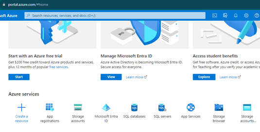 Microsoft Azure portal home page showing search bar, options for Azure free trial, Microsoft Entra ID management, student benefits, and icons for services like App registrations, Storage accounts, SQL databases, SQL servers, App Services, and Storage browser